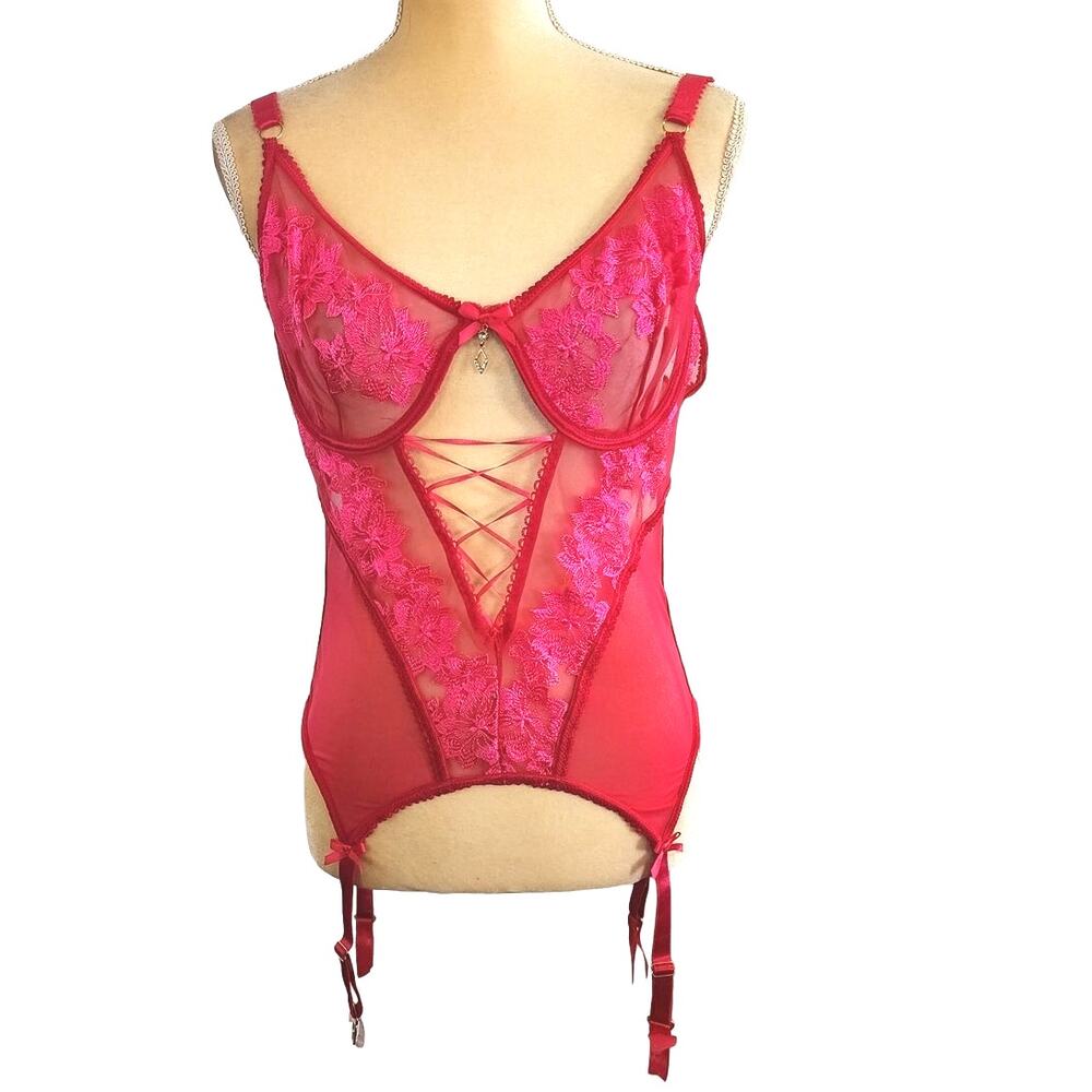 Seven Till Midnight Hot Pink Sheer Mesh Floral Bodysuit Lingerie Plus 1X/2X